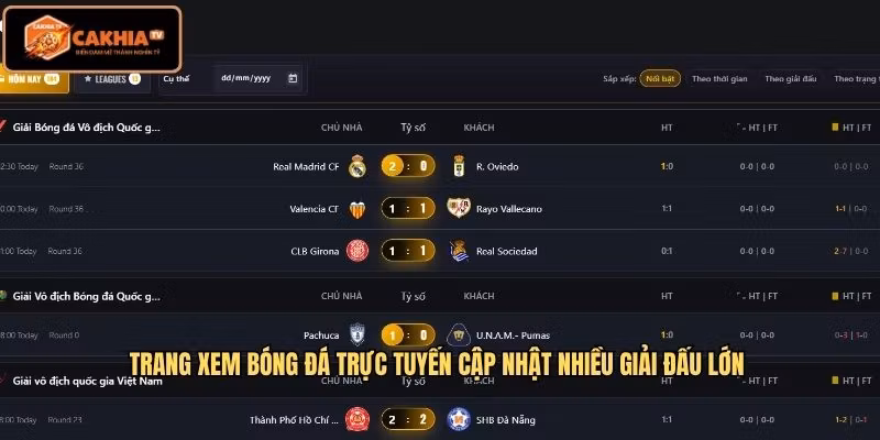 Trang xem bóng đá trực tuyến cập nhật nhiều giải đấu lớn